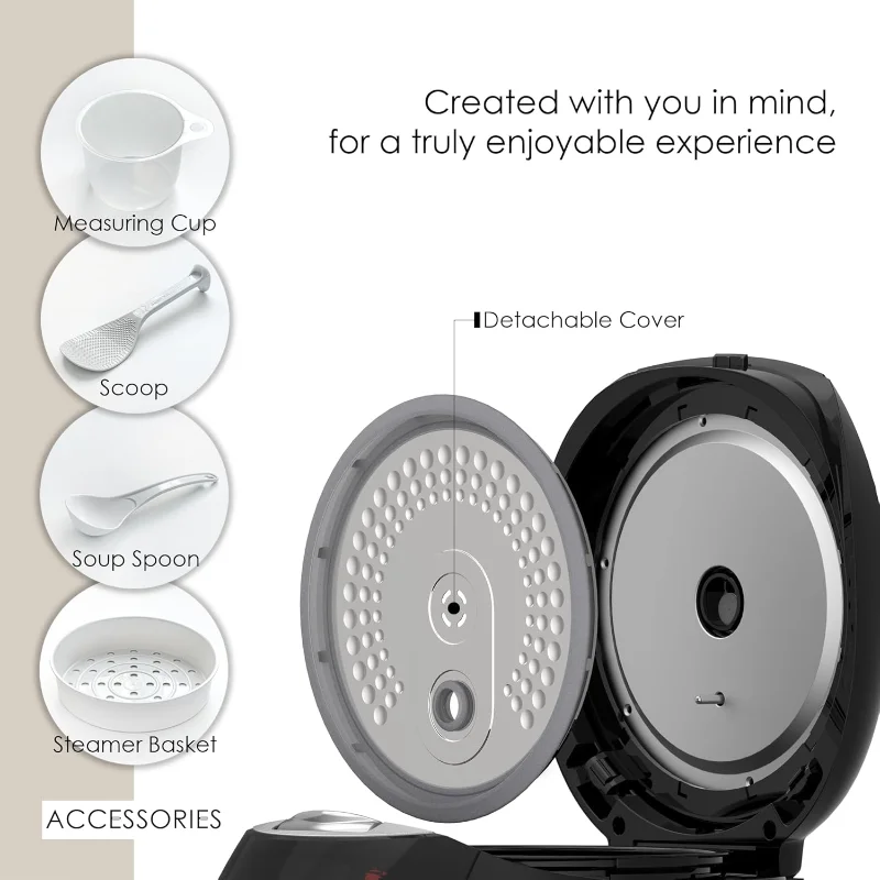 Cuociriso MAGiC COM, 10 tazze (cotto) 20 tazze (cotto) di dimensioni familiari, cottura a vapore con pentola interna antiaderente, timer di ritardo e mantenere caldo, nero