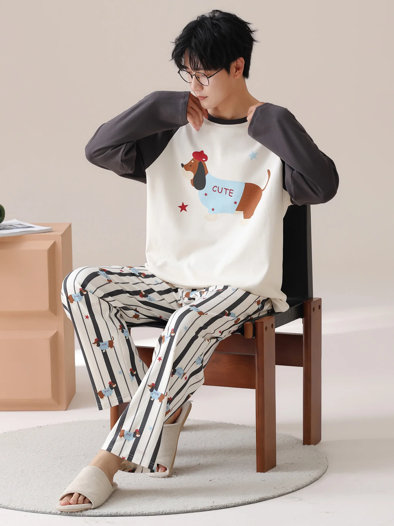 Men's 100% cotton long sleeved four season plus size men's sleepwear, teenage pure cotton home suit set for warmth