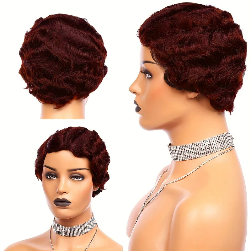 short pixie cut wave human hair finger wave for women full machine made  human hair wig