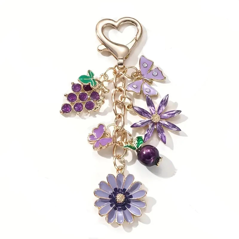 5 قطع المفاتيح الأرجواني زهرة العنب الرمان فراشة بالتنقيط النفط سلسلة لطيف اكسسوارات السيارات