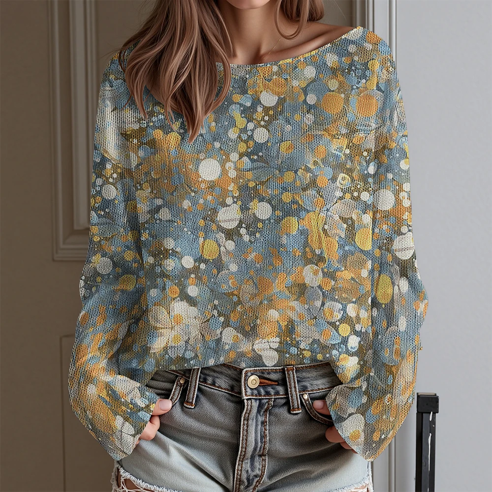 Vintage bloemen T-shirt damesblouse met lange mouwen en kleurrijk bloeipatroon Dagelijkse mode-tops voor herfst-winterlaag