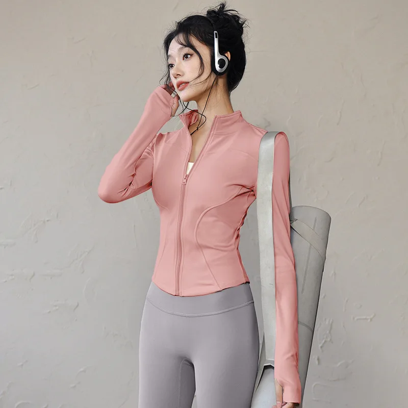 Women Slim Yoga Clothes Outdoor Sports Long Sleeved Shirts Quick Dry Zipper Cardigan Stand Up Collar Jacket Running Fitness Top