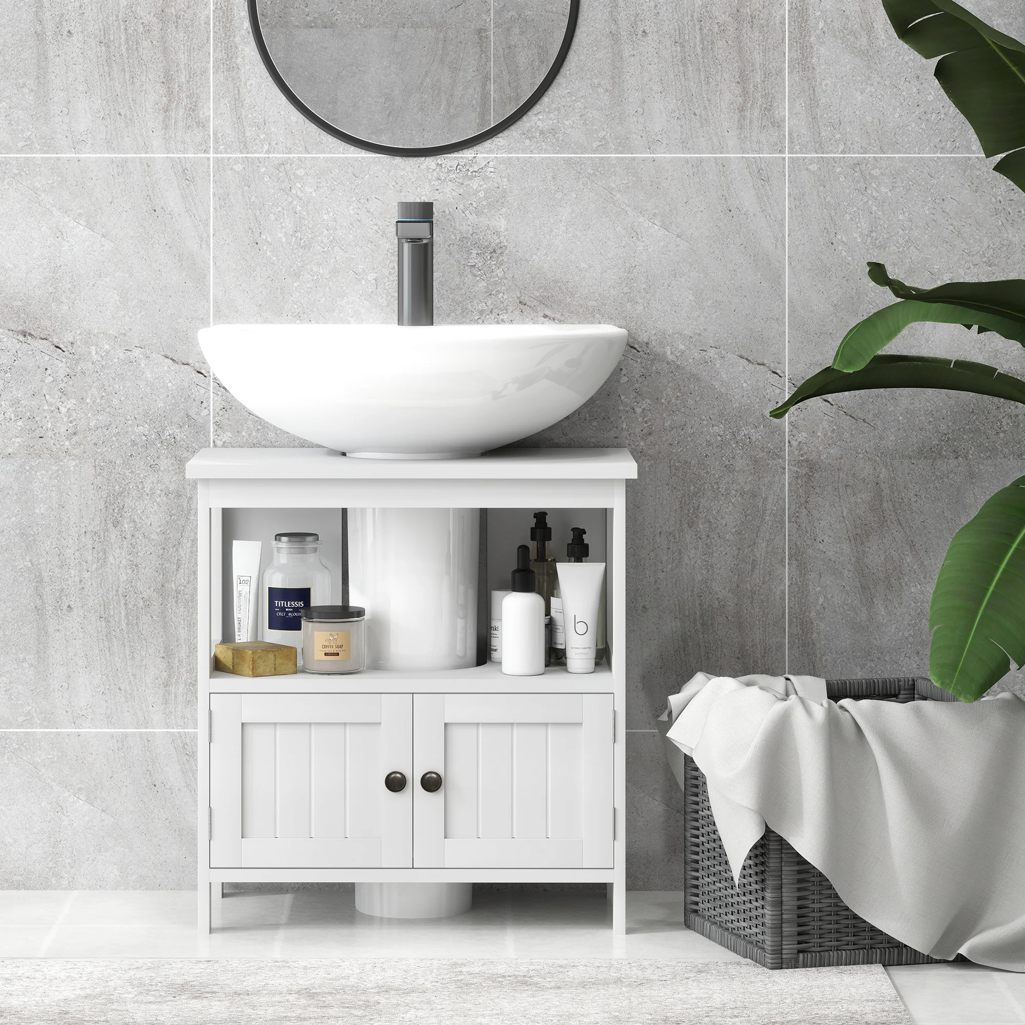 kleankin Bathroom Pedestal Under Sink Cabinet with Storage Shelves, Door, White