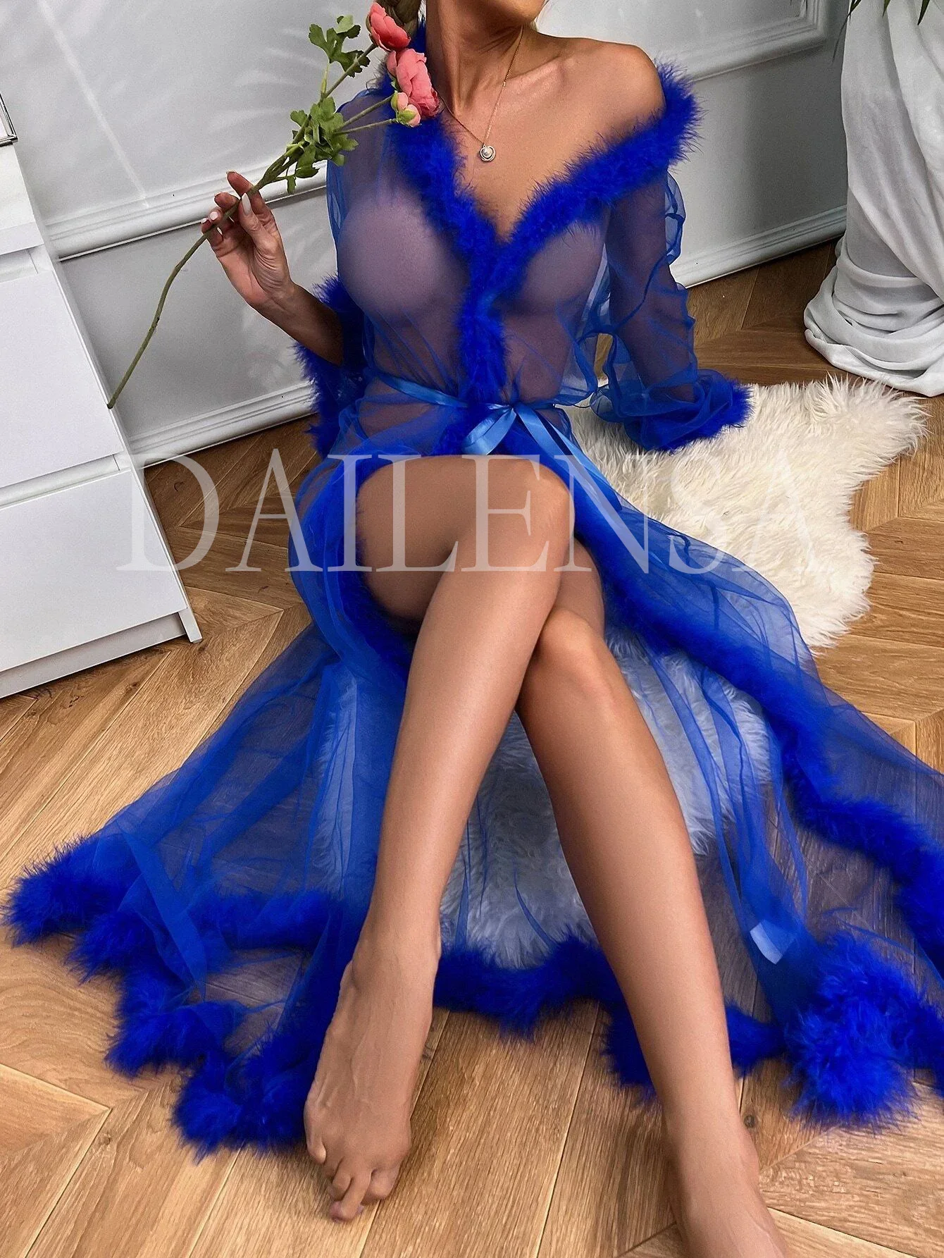 2024 new styles Long hot women Femme Fur sheer Robe lace mesh Trim Sexy Lingerie