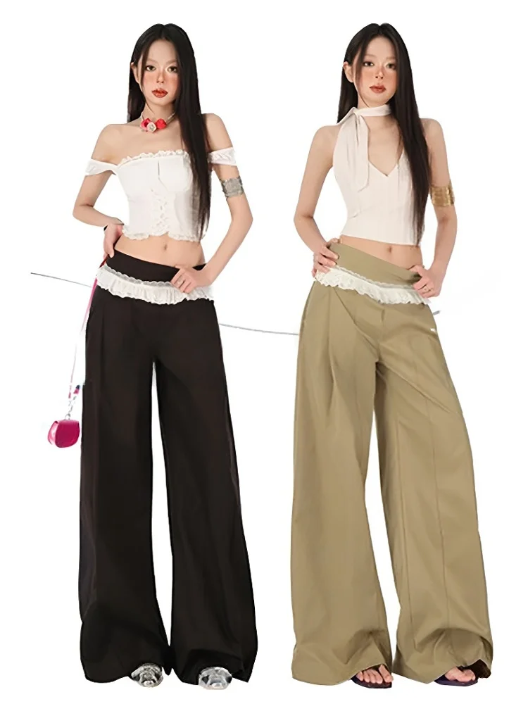 

Женские повседневные брюки Huawu с высокой талией, широкими штанинами, кружевной отделкой и вставками, цвета хаки, летние, в корейском стиле, длинные