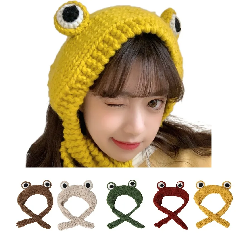 

Monochrome Frog Hat for Ladies, Knitted Beanies, Hip-hop Cute Cap for Girls, Warm Bonnet, Y2K Fashion, Autumn and Winter, 2024