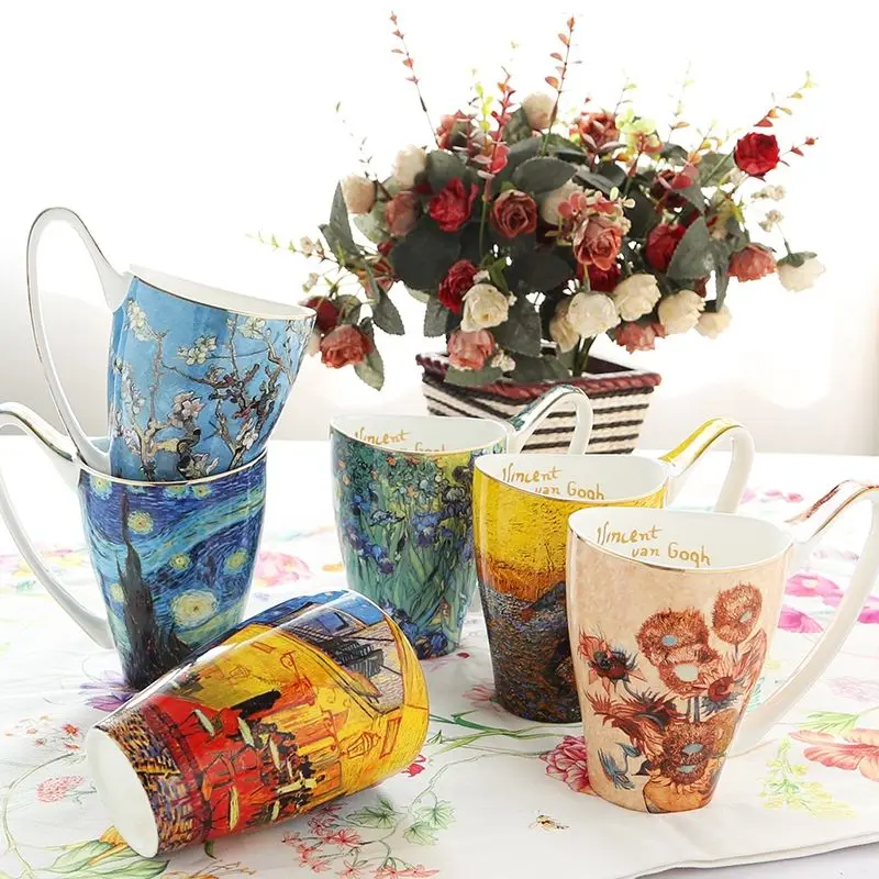 

Bone porcelain retro mug fashionable large capacity high handle water cup oil painting