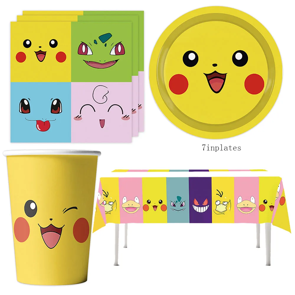 Pokemon Birthday Decorations Pikachu Party Decor Tableware Supplies Paper Napkin Plate Cup Set Happy Birthday Toys For Girl Boy