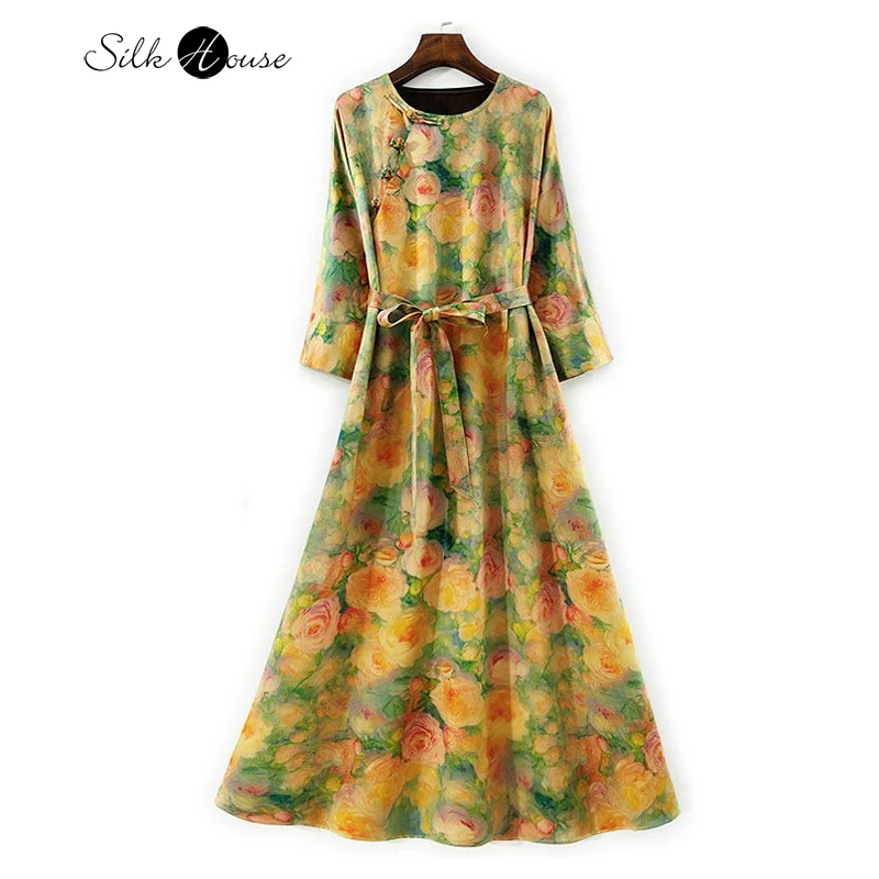 

High End 60MM 100%Natural Mulberry Silk Fragrant Cloud Yarn Off Shoulder Sleeves Buttoned Slant Collar Women's Fashionable Dress