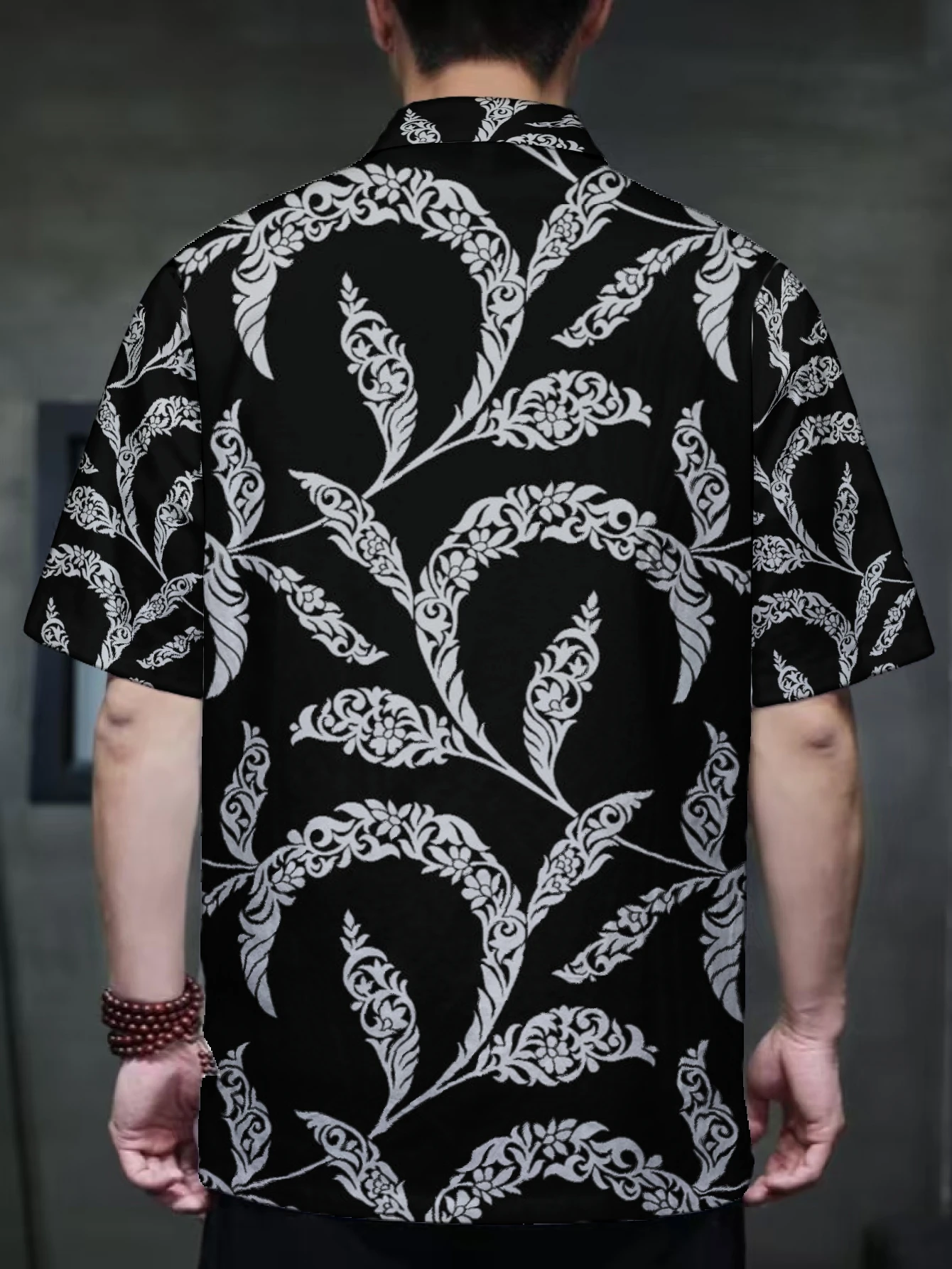 Men Mandarin Collar Frog Button Short Sleeve Shirt Abstract Geometric Art Print Oriental Casual Top With Side Pockets
