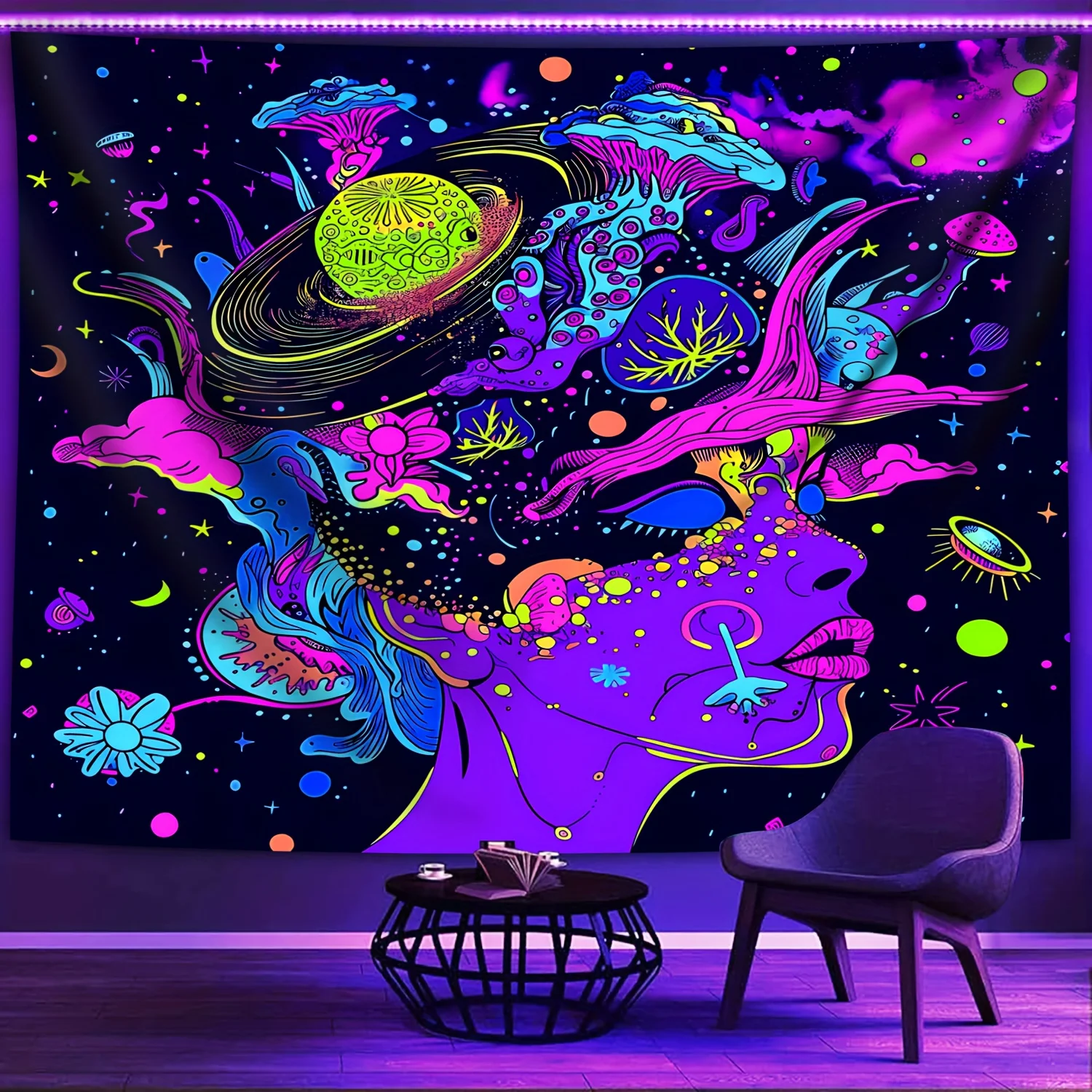 Vibrant Psychedelic Cosmic Galaxy Woman Profile Tapestry Boho Wall Hanging Abstract Space Art Decor for Bedroom Living Room
