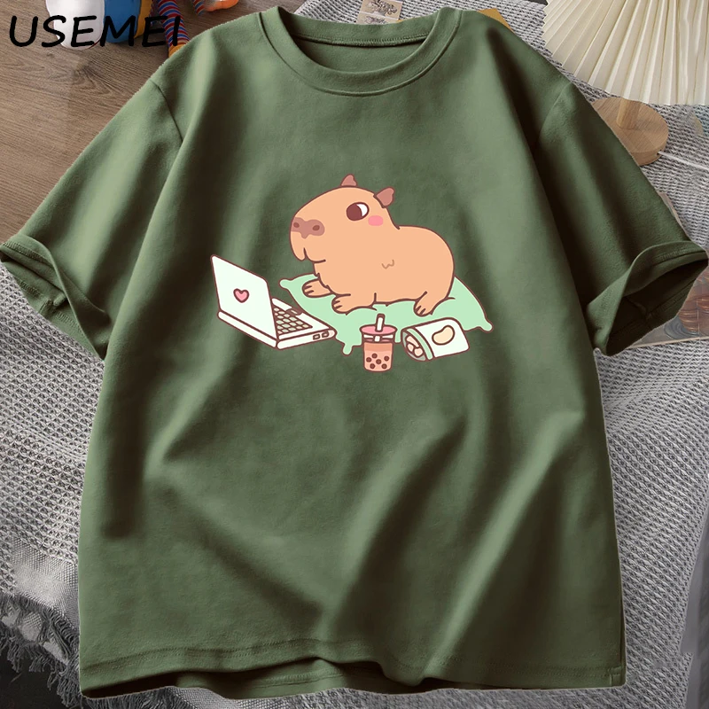 Capybara Use Computer Tshirt Men Funny Loose Cotton Tops Casual Summer Clothes Oversize Soft T-Shirt Man Clothes Streetwear Top