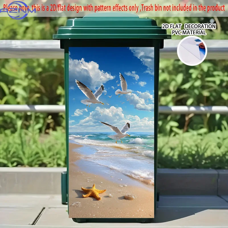 [2D Flat Printing] 1pc 2D Pattern Printed Kitchen Trash Can Sticker, X Cm Seaside Gulls Flying Over Sand Warm Theme Kitchen Ho