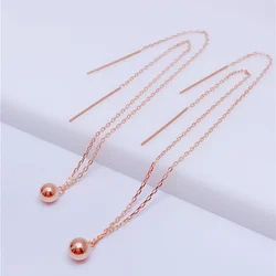 Classic Simplicity Round Glossy Bead Copper Plated Rose Gold Long Earings Double Chains Earrings for Women Party Jewelry