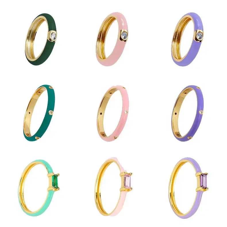 24k Gold-Plated Silver Colorful Enamel Rings Green Pink Rose Red Slim Rings for Women Fashion Light Luxury Wedding Party Jewelry