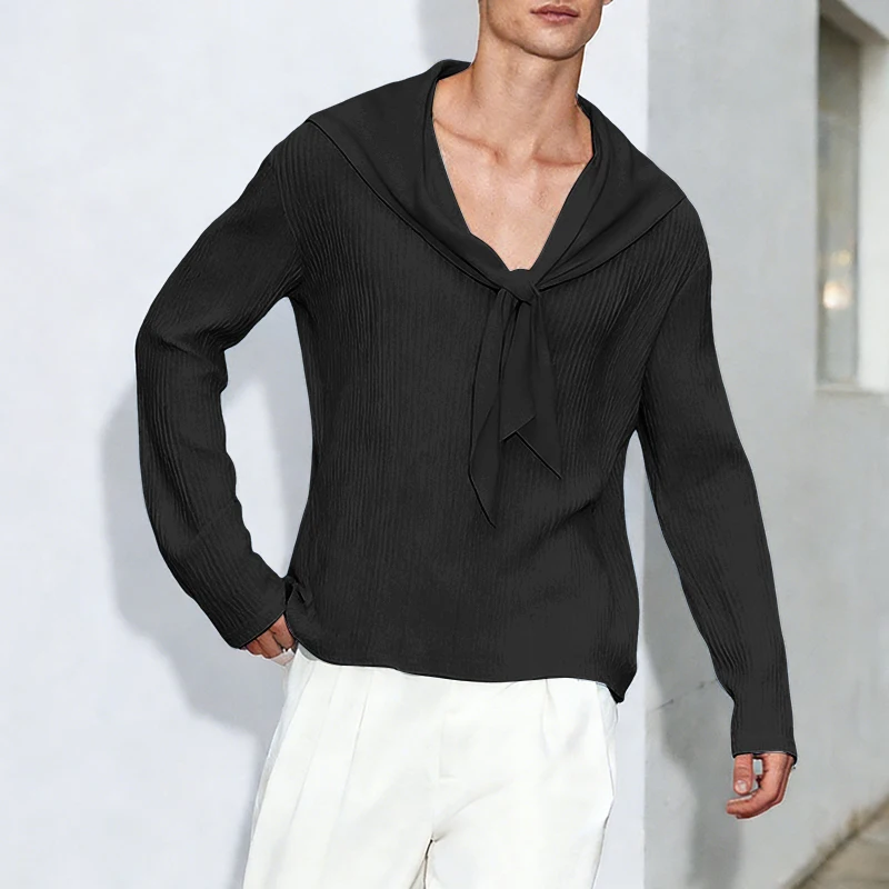INCERUN Men T Shirt Navy Collar Patchwork Long Sleeve Casual Male Tee Tops Streetwear 2026 Loose Fashion Leisure Men Clothing