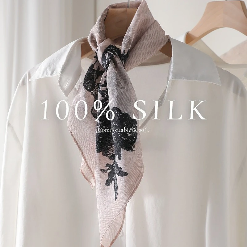 

Шелковый квадратный платок с цветочным принтом для женщин, легкий шелковый шарф из двойного крепа, весенне-летняя маленькая бандана