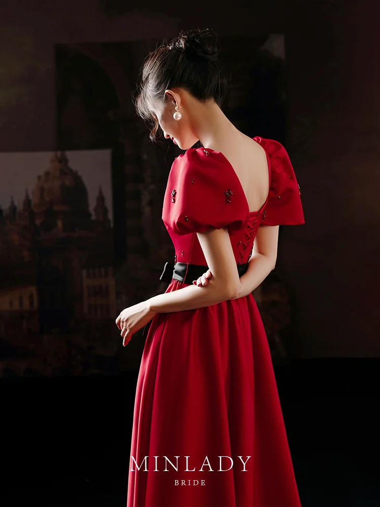 Dress Bride Toast New Women's Summer Vintage Satin Wedding Dress Red Dress evening dresses long dress