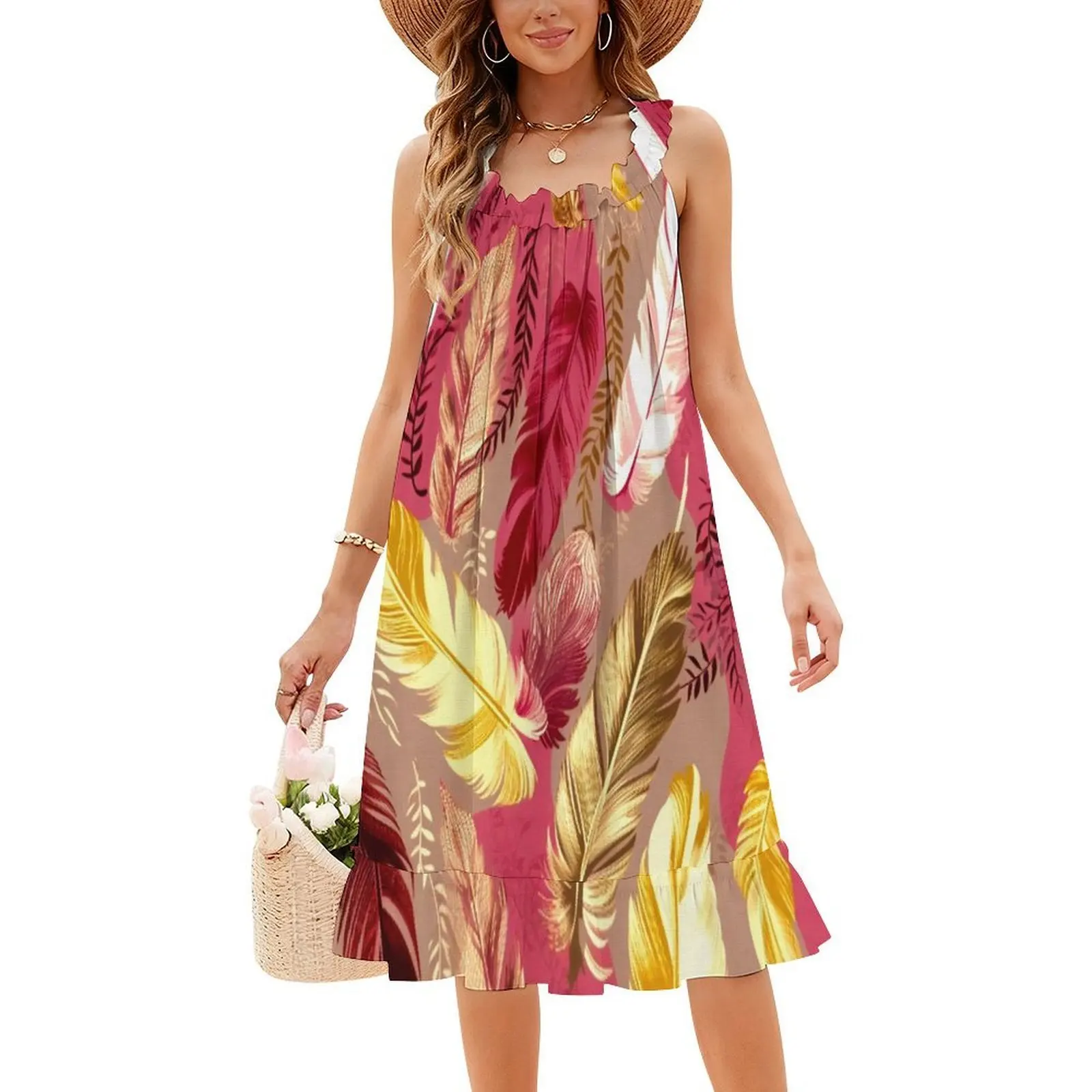 Piume-Fucsia Oliva Verde Blush Avorio Oro 2 Boho Chic Abito Elegante Moda Spiaggia Abito da cerimonia nuziale Piuma Fucsia Oliva