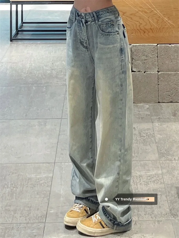 

Американские джинсы прямого кроя светло-голубого цвета для женщин, зимние, свободные, с эффектом похудения, длинные брюки, джинсы с высокой талией, повседневные, из денима