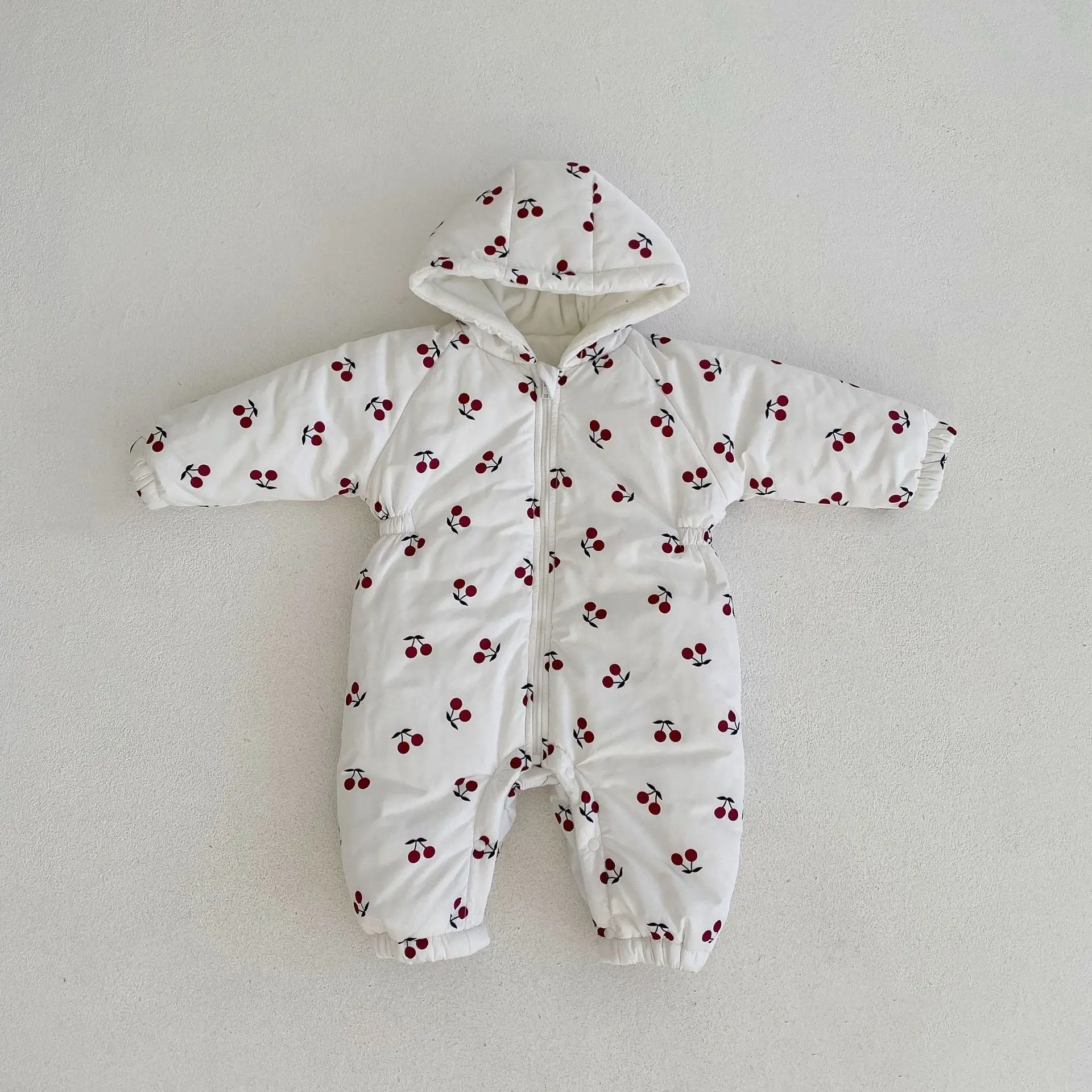 Baby Jumpsuit 2023 Winter Velvet Padded Warm Cherry Printed Girl\'s One Piece Clothes Hooded Cotton Coat Climbing Clothes