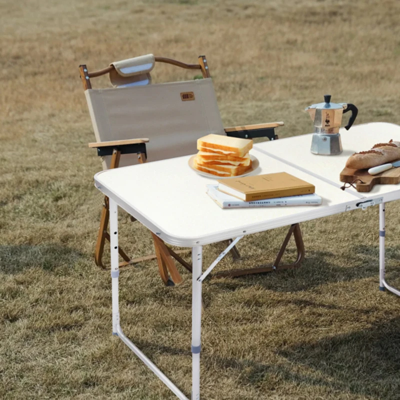 4-футовый белый портативный складной стол с регулируемой высотой, многоцелевой для кемпинга, пикников, вечеринок, дизайн алюминиевой и деревянной доски
