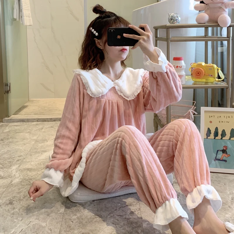 Autumn Sweet Princess Pajamas Set Women Cute Bunny Coral Fleece Warm Sleepwear Home Clothes Girls Kawaii Cartoon Pijama 2 Piece