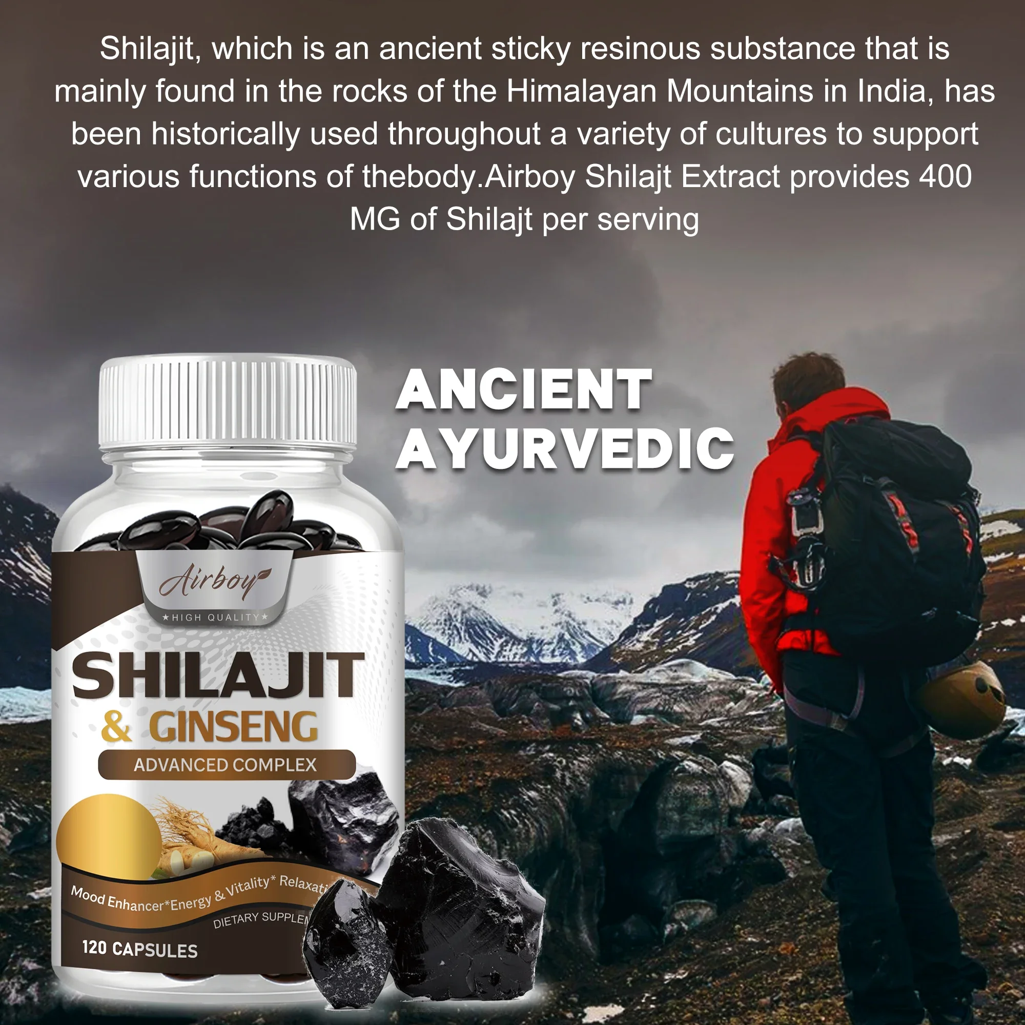 Suplemento Shilajit e Ginseng - fornece energia e resistência, aumenta o cérebro e a memória, suporte imunológico - 120 cápsulas