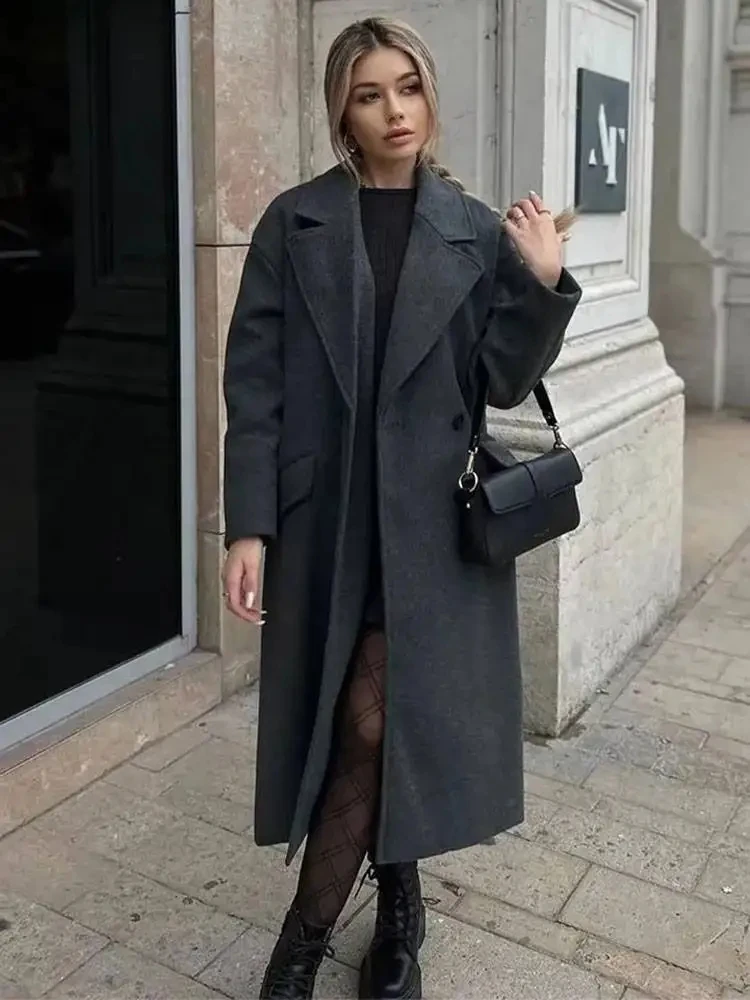 HH Women\'s 2025 Winter New Fashion Solid Color Linen Coat Retro Lapel Double-Breasted Coat Women\'s Chic Casual Warm Coat Y2K