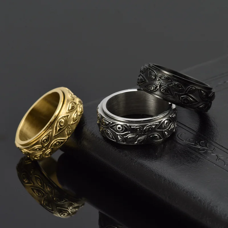 Anillo Antiestrés Vintage con Ojo de Dios Tallado para Hombre, Anillo Giratorio de Acero Inoxidable para la Ansiedad, Anillos Fidget Spinner