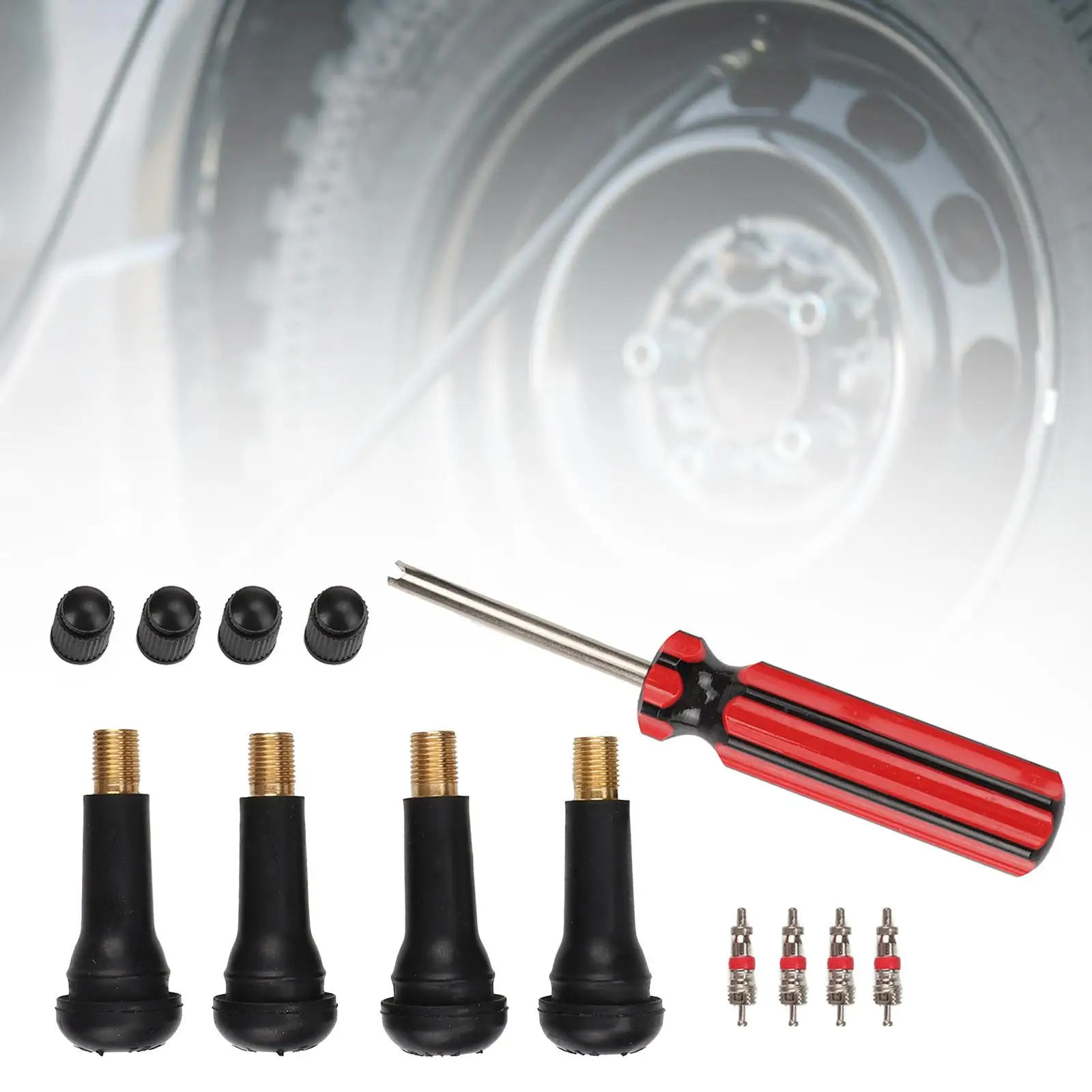 4 Pieces Generic TR414 Snap in Tire Valve Stem Kit Valve Core Installer with Valve Cores Tire Repair Tool for Truck Bike