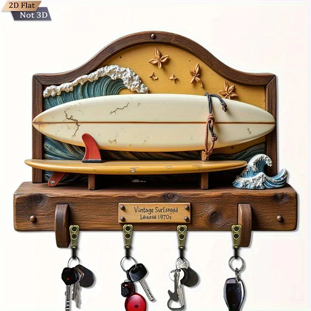 2D Flat, 1pc Vintage Surfboard-Shaped Key Hook, Wooden Multi-Functional Key Holder with Four Metal Hooks, Wall Decor, Porch