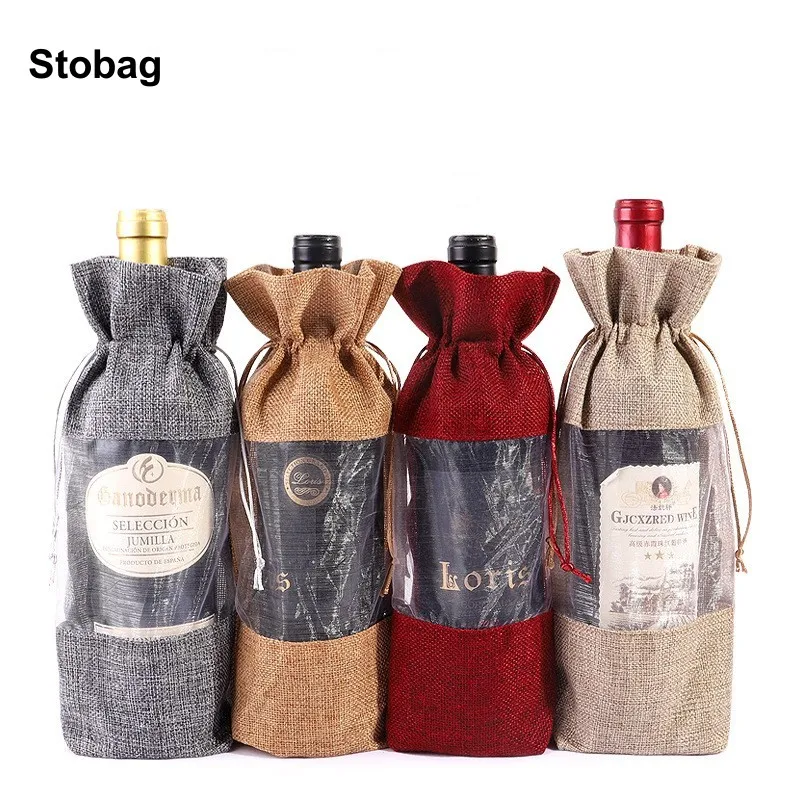 

StoBag 10pcs Linen Drawstring Bag Long with Window for Red Wine Packaging Gift Storage Portable Pouch Reusable Pocket Wholesale