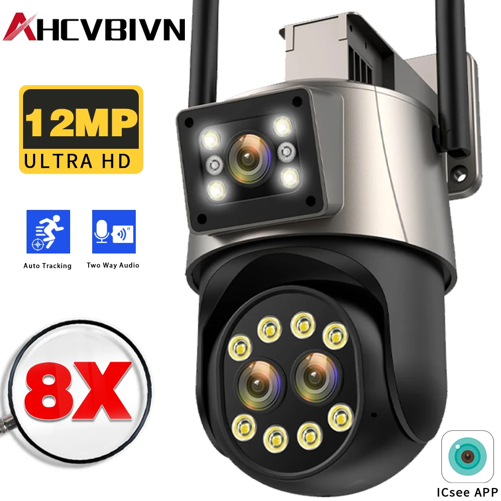 

12MP 6K PTZ IP Camera Outdoor Dual Screen Automatic Tracking 8x Zoom CCTV Outdoor WiFi Surveillance Camera ICSEE Application