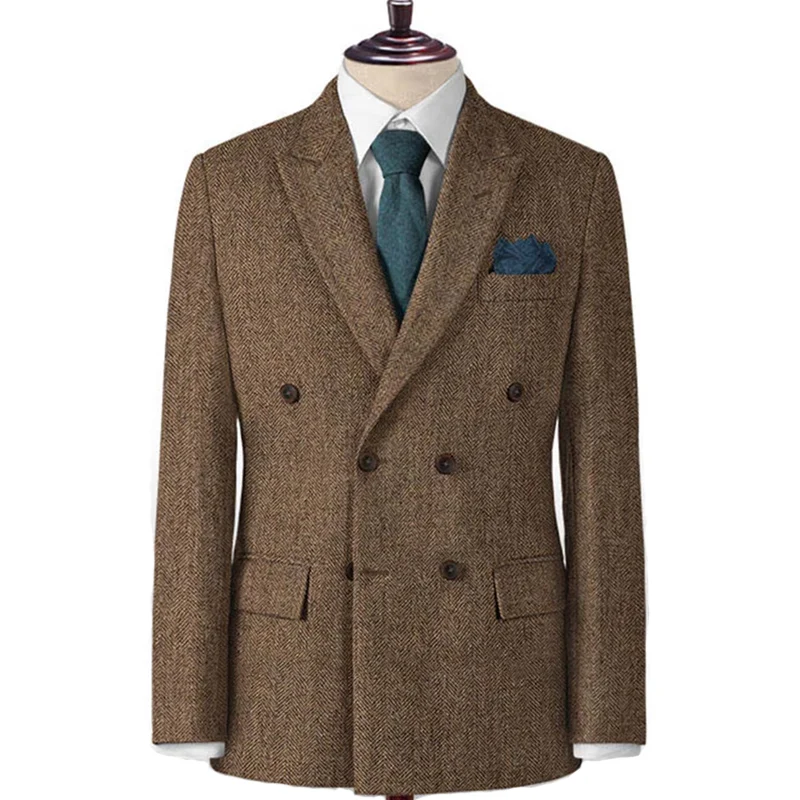 

Herringbone Men's Jacket Double Breasted Elegant Casual Slim Fit Suit Male Blazers Fashion Formal Wedding Groom's Coats 2025 New