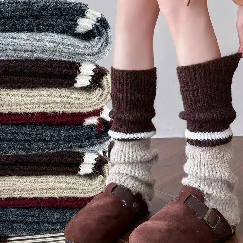 

Retro Color Block Lolita Leg Warmers Winter Knitted Long Stockings Wool Y2K Crochet Stacking Socks for Boots 2026