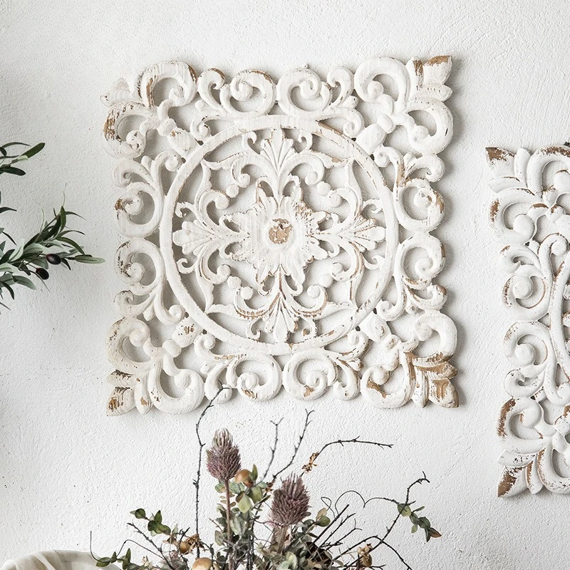 American Vintage Wall Cabinet, Distressed Carved Entryway Shelf & Photo Prop, Rustic Farmhouse Decor & Studio Backdrop