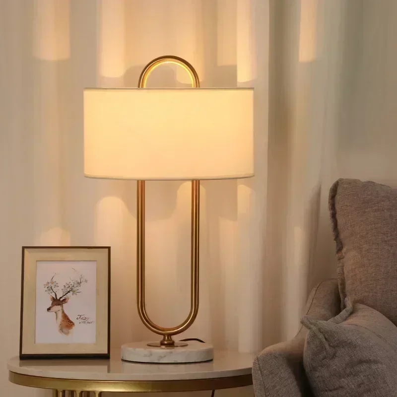 Fabric lampshade, living room headboard, bedroom, simple marble base decoration table lamp