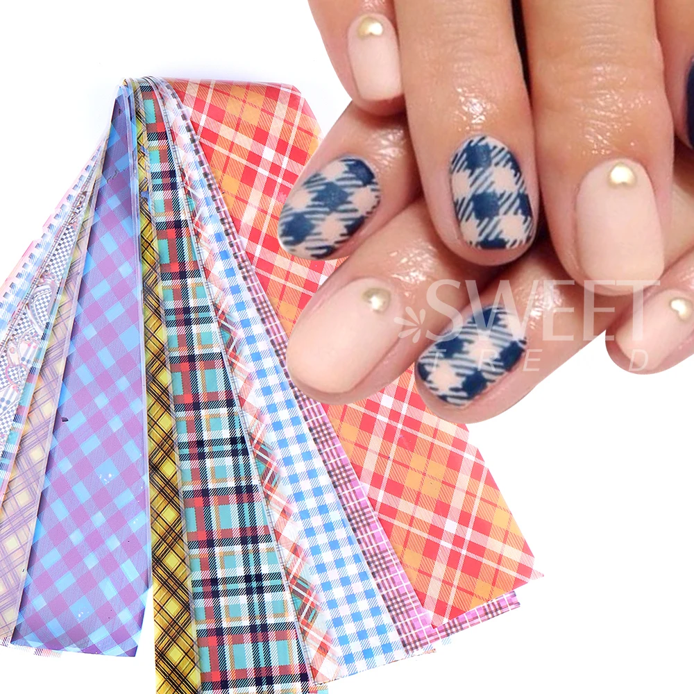 10PCS Plaid Nail art Folie Transfer Papier Schwarz Weiß Grid Tier Plaid Print Muster Nagel Aufkleber Maniküre Aufkleber Dekorationen