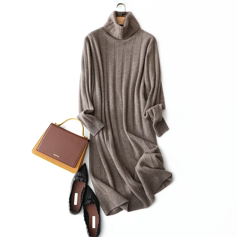 softness 100% cashmere turtleneck dress women ribbed knitted casual winter warm pullovers