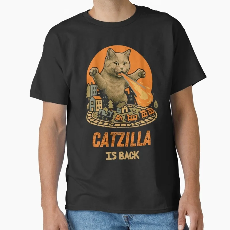

Catzilla Is Back King of Monster Gift t shirt for Cat Lover Cute kitty Graphic tee Short Sleeve y2k clothes All size tops