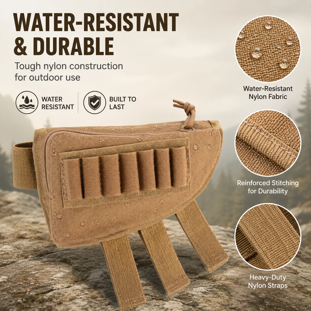 Outdoor Nylon Cheek Pad Pouch Water Resistant Side Storage Bag Hook Loop Strap Utility Pocket for Camping Training Gear Tan Pack