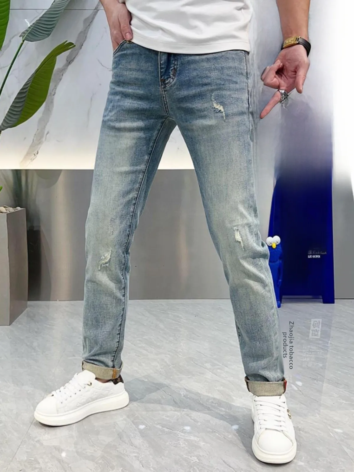 

Men's Slim Fit Jeans Spring Summer Scratchy Light Blue Versatile Casual Straight Leg Pants Breathable Comfortable Youth Trend
