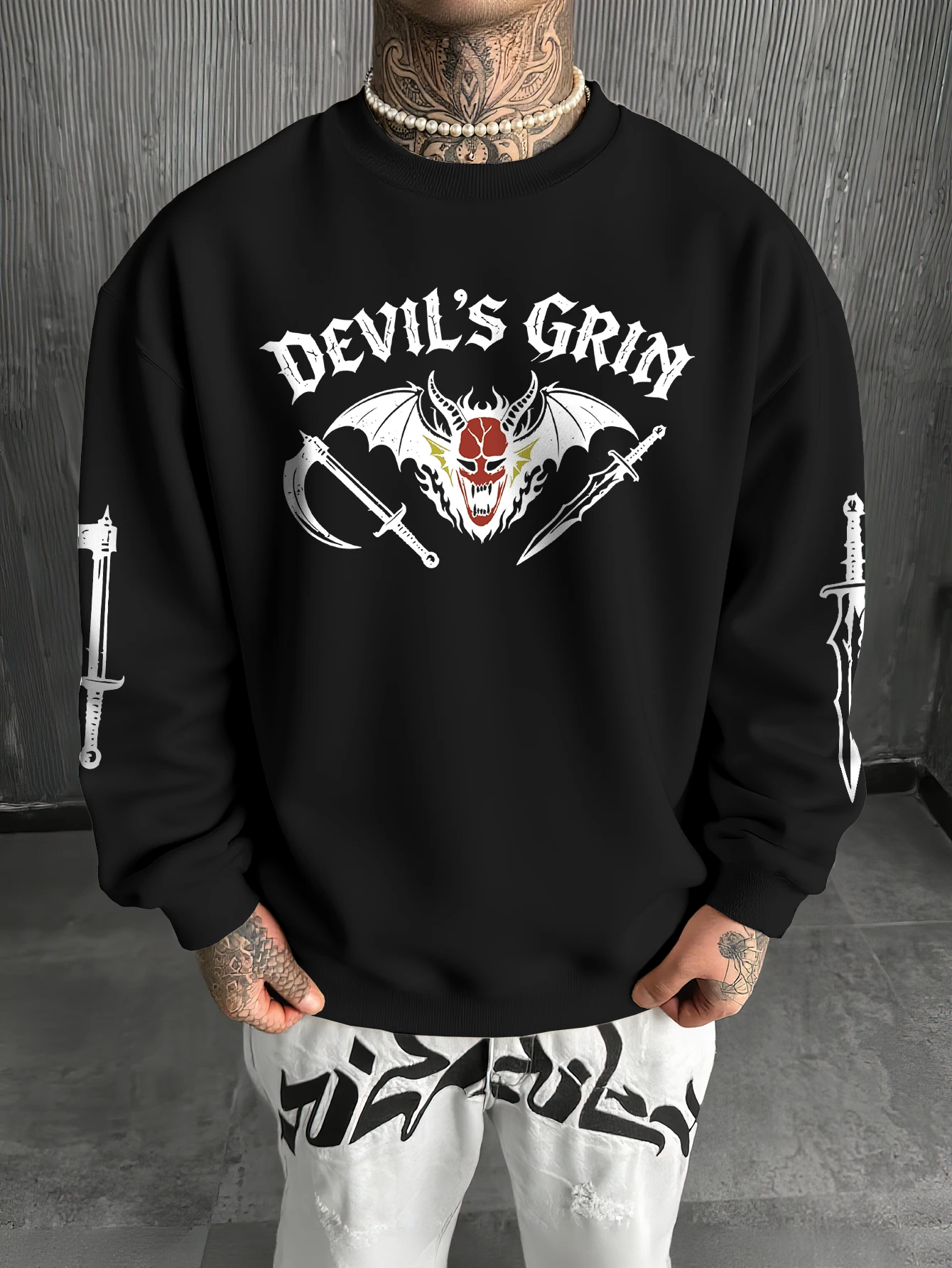 Men's Oversize Streetwear Crewneck Sweatshirt Devil Demon Print Dark Gothic Polyester Long Sleeve Casual Autumn Winter S-2XL
