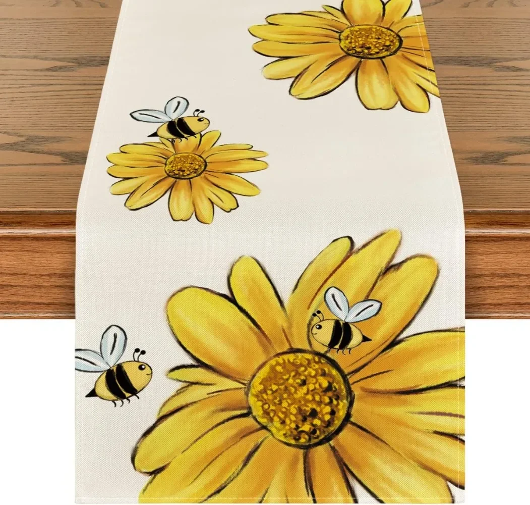 Artoid Mode Beige Bee Sunflower Summer Table Runner, Seasonal Spring Flowers Kitchen Dining Table Decoration for Home Party