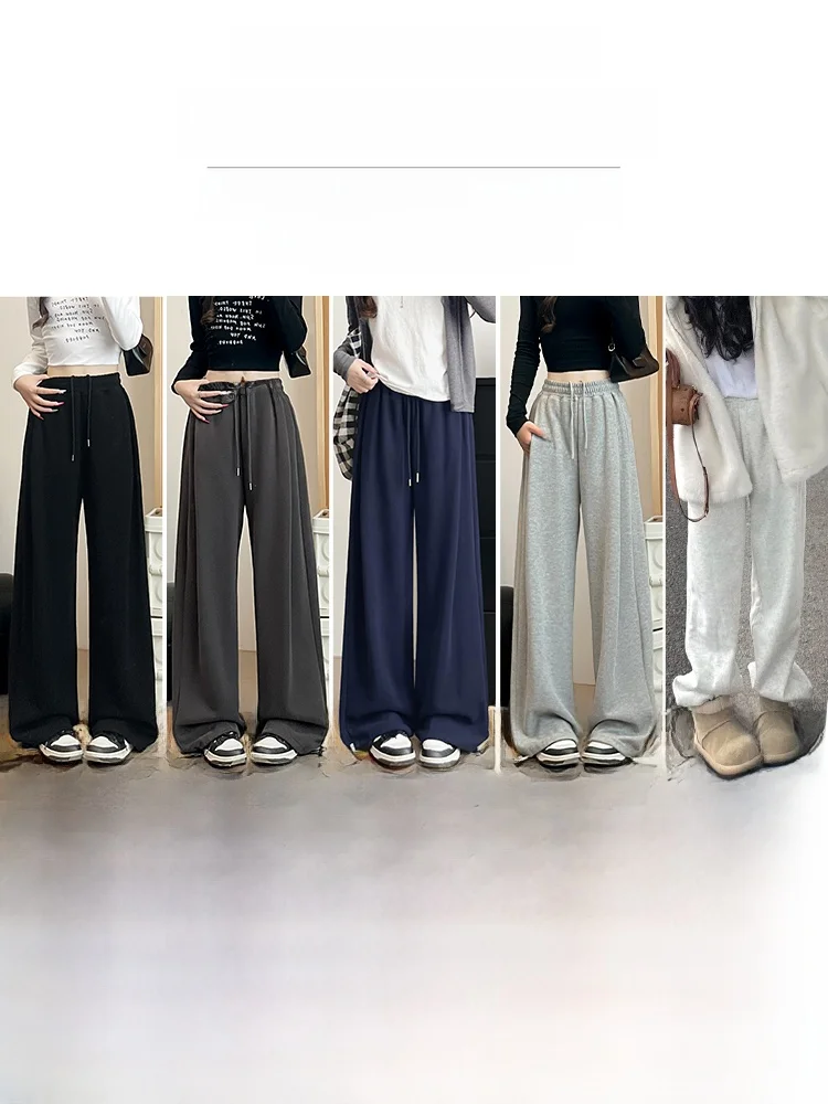 Gray Fleece Lined Sport Pants Women's Thickened Wide Leg Pants Spring Autumn New Style Small Size Lamb Velvet Comfortable Tro...