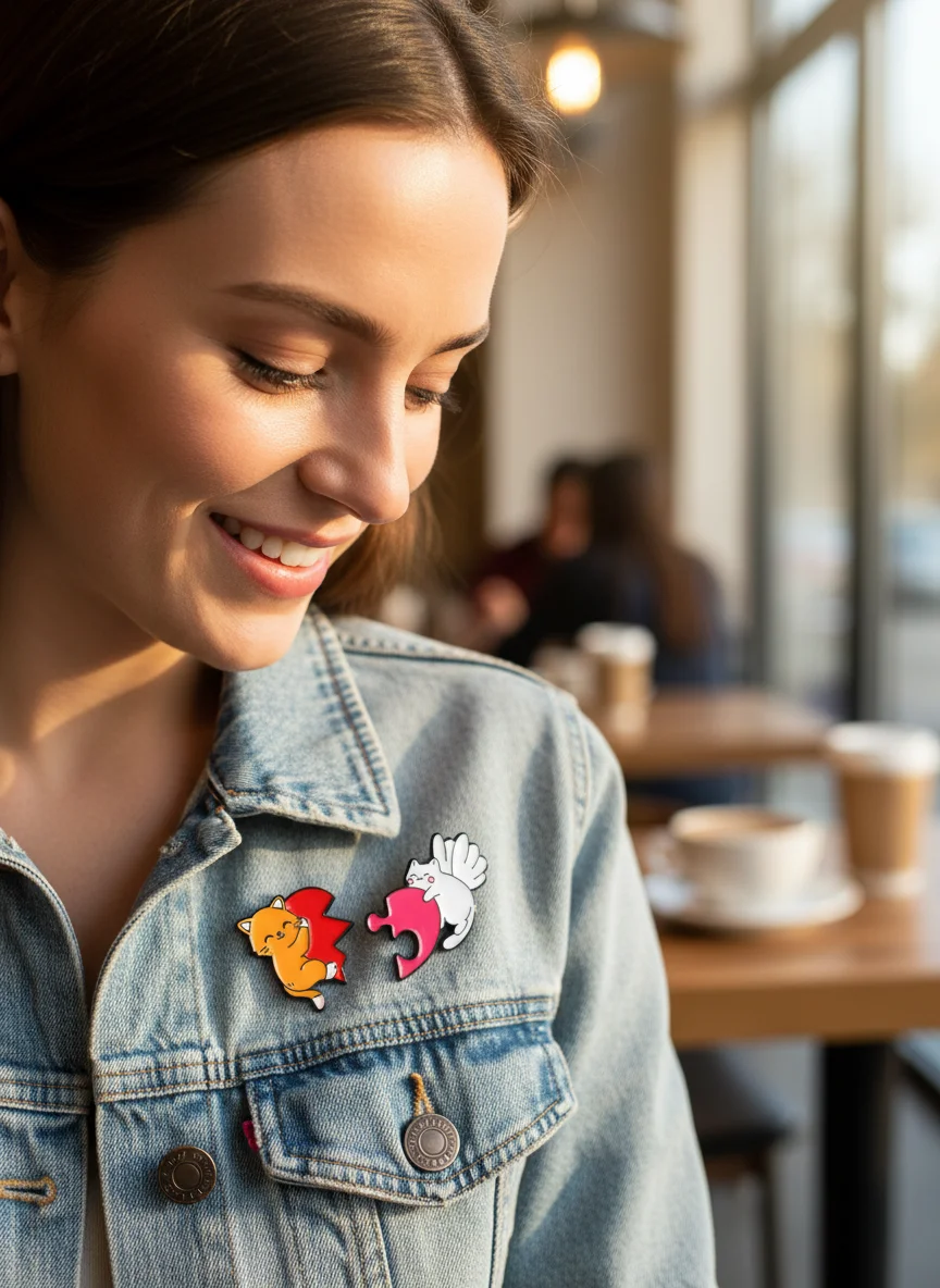 4Styles Cute Cat Couple Enamel Pins, Angel Wing Cat Broken Heart Puzzle Matching Brooches, Kitty Kitten Zinc Alloy Badges