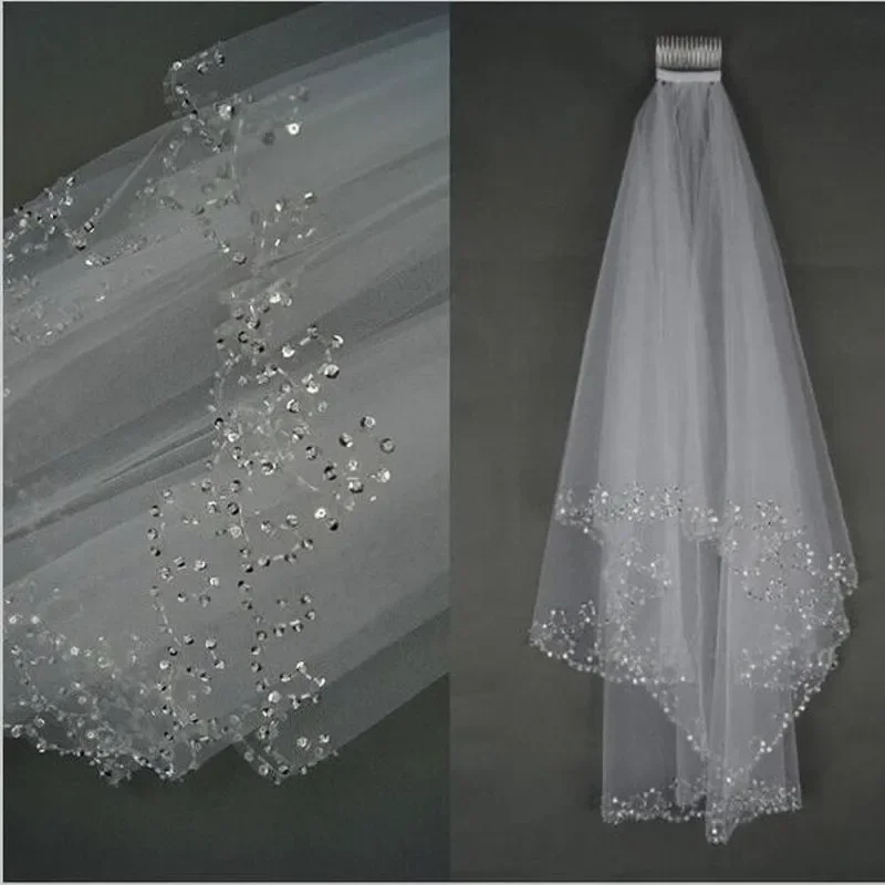 Short Beaded Wedding Veil Two Layer White/Ivory Sequin Tulle 75 CM Length With Comb Beaded Edge Woman Bridal Accessories