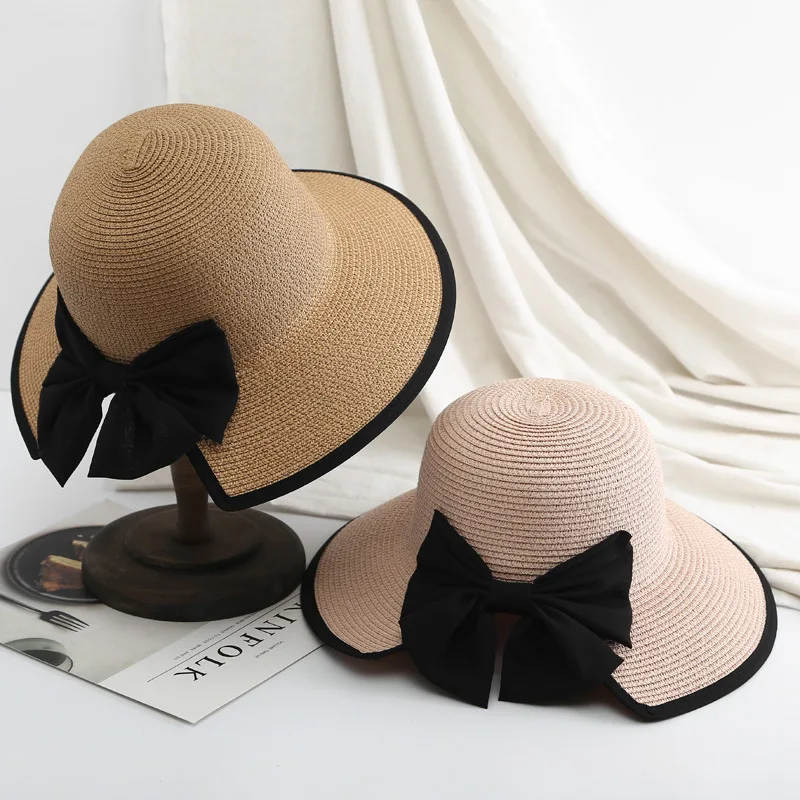 Large Brim Bow Straw Visors for Women Summer Sun Protection UV Bowknot Beach Hat Korean Temperament Vacation Foldable Bucket Hat