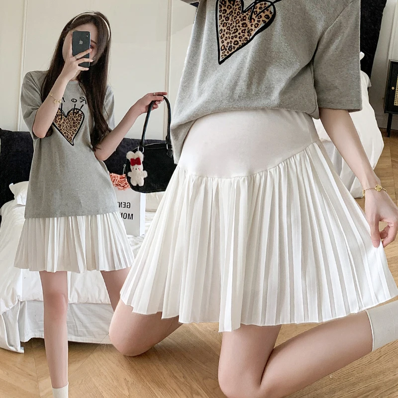 Korean Style Summer Maternity Pleated Skirts High Waist Adjustable Belly Skirt for Pregnant Woman with Shorts Lining Black White